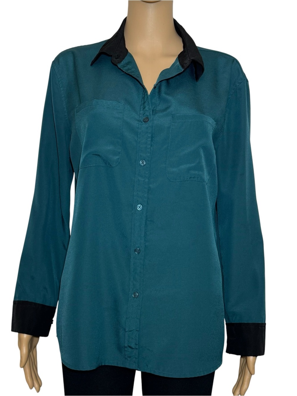 Mossimo Teal Button-Front Blouse with Contrast Collar and Cuffs S